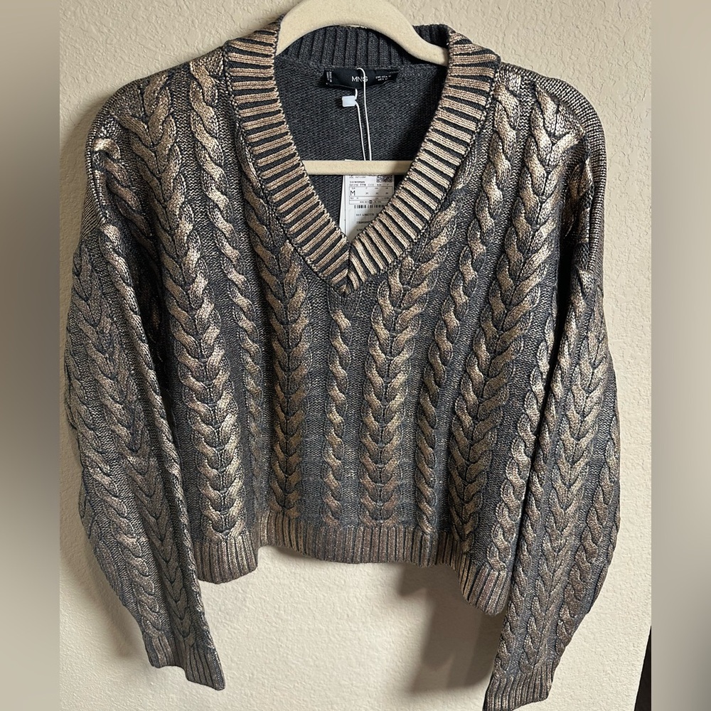 Mango Bronze Metallic Cable Knit Sweater - NWT